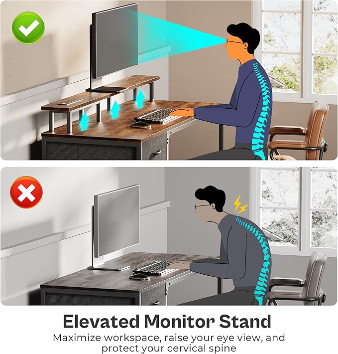 63 Inch Computer Desk with Power Outlets and LED Lights, Gaming Desk with 4 Drawers, Office Desk with Monitor Stand, Study Desk Work Desk for Home Office, Rustic Brown - LeafyLoom