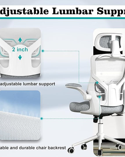 Ergonomic Office Chair, High Back Mesh Desk Chair with Thick Molded Foam Cushion, Coat Hanger, Adjustable Headrest, Lumbar Support, Tilt & Lock Function - Computer Chair (Light Grey) - LeafyLoom