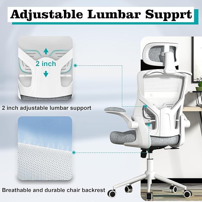 Ergonomic Office Chair, High Back Mesh Desk Chair with Thick Molded Foam Cushion, Coat Hanger, Adjustable Headrest, Lumbar Support, Tilt & Lock Function - Computer Chair (Light Grey) - LeafyLoom