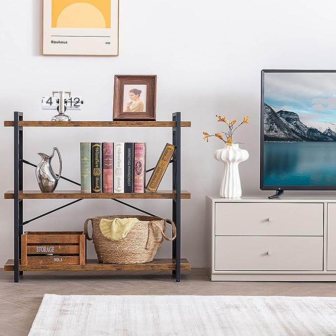 HCHQHS Bookshelf, 3-Tier Industrial Bookcase, Rustic Open Book Shelf, Wood and Metal Horizontal Bookshelves - LeafyLoom