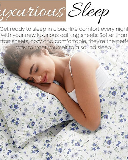 4 Piece Cal King Bedding Sheet Set (Light Blue Floral) - Sleep Better Than Ever with These Ultra-Soft & Cooling Bed Sheets for Your Cal King Size Bed - Deep Pocket Fits 16" Mattress - LeafyLoom