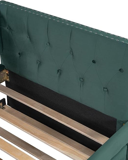 Twin Size Tufted Upholstered Daybed with Trundle, Solid Wood Velvet Bed with Rivet Design, No Box-spring Needed, for Living Room, Bedroom, Dorm, Space-Saving Design - LeafyLoom