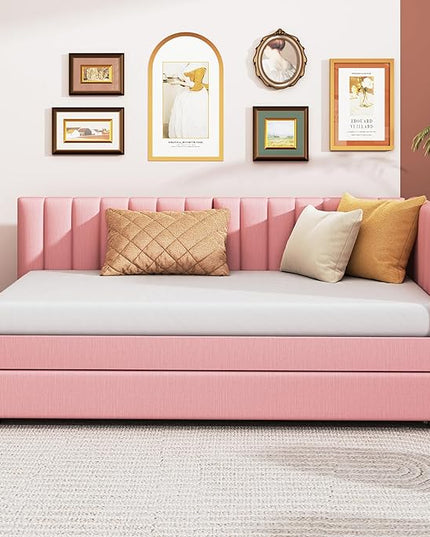 Merax Twin Size Daybed with Trundle, Linen Upholstered Sofa Bed, Solid Wood Slats Support, No Box Spring Needed, Wooden Day Bed Frame for Living Room, Apartment, Small Spaces, Pink - LeafyLoom