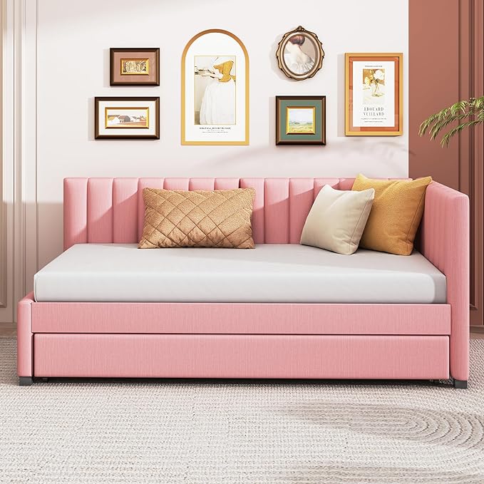 Merax Twin Size Daybed with Trundle, Linen Upholstered Sofa Bed, Solid Wood Slats Support, No Box Spring Needed, Wooden Day Bed Frame for Living Room, Apartment, Small Spaces, Pink - LeafyLoom