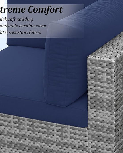 SUNVIVI OUTDOOR 7 Piece Patio Furniture Sets All Weather Grey PE Wicker Couch Sofa with Glass Table, Removable Navy Blue Cushions - LeafyLoom