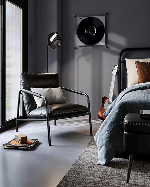VASAGLE EKHO Collection - Accent Chair, Metal Framed Armchair, Synthetic Leather with Stitching, Mid-Century Modern, Sling Chair for Living, Bedroom, Reading Room, Lounge, Ink Black ULAC014B01 - LeafyLoom
