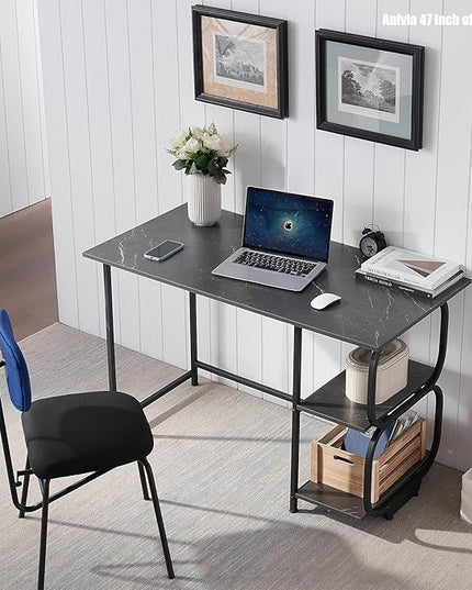 Anivia Gaming Computer Desk, Small Home Office Desk with 2 Storage Shelves, 47" Writing Desks Industrial Simple Style Wood Table Metal Frame for PC Laptop Notebook（Black） (47-B) - LeafyLoom