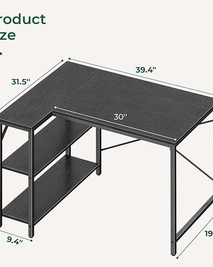 L Shaped Desk, 39 Inches Computer Desk with Reversible Storage Shelves, Gaming Desk, Corner Desk Home Office Desks, Writing Desk Study Desk with Metal Frame, Black - LeafyLoom