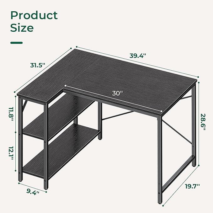 L Shaped Desk, 39 Inches Computer Desk with Reversible Storage Shelves, Gaming Desk, Corner Desk Home Office Desks, Writing Desk Study Desk with Metal Frame, Black - LeafyLoom
