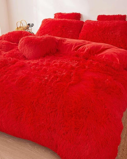FOPPA Red fluffy Comforter Cover Set king- Ultra Soft fluffy Red Bedding Sets 3 Pieces (1 Duvet Cover + 2 Pillow case) pink fluffy bed set (Red, King) - LeafyLoom