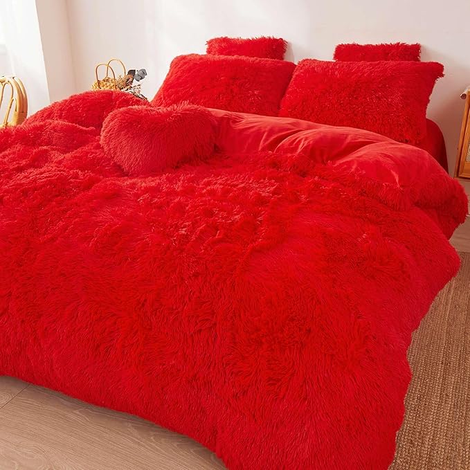 FOPPA Red fluffy Comforter Cover Set king- Ultra Soft fluffy Red Bedding Sets 3 Pieces (1 Duvet Cover + 2 Pillow case) pink fluffy bed set (Red, King) - LeafyLoom