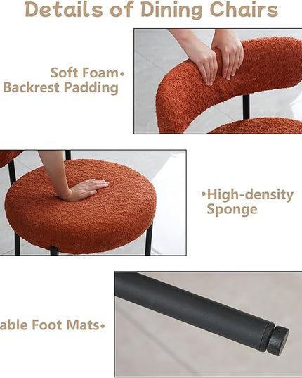 Orange Dining Chairs Set of 4 Round Upholstered Boucle Dining Room Chairs Mid-Century Modern Kitchen Chairs Curved Backrest Chairs for Dining Room Black Metal Legs - LeafyLoom