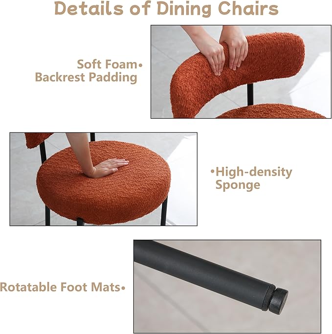 Orange Dining Chairs Set of 4 Round Upholstered Boucle Dining Room Chairs Mid-Century Modern Kitchen Chairs Curved Backrest Chairs for Dining Room Black Metal Legs - LeafyLoom
