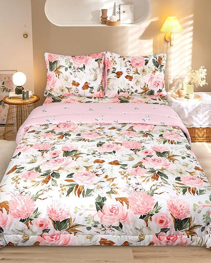 DILIMI King Size Comforter Set, 3 Pieces King Comforter Set, Reversible Pink Floral Comforter King Size, Ultra Soft and Fluffy Bedding Comforter Sets with Comforter, 2 Pillowcase - LeafyLoom
