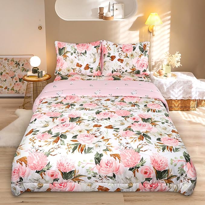 DILIMI King Size Comforter Set, 3 Pieces King Comforter Set, Reversible Pink Floral Comforter King Size, Ultra Soft and Fluffy Bedding Comforter Sets with Comforter, 2 Pillowcase - LeafyLoom