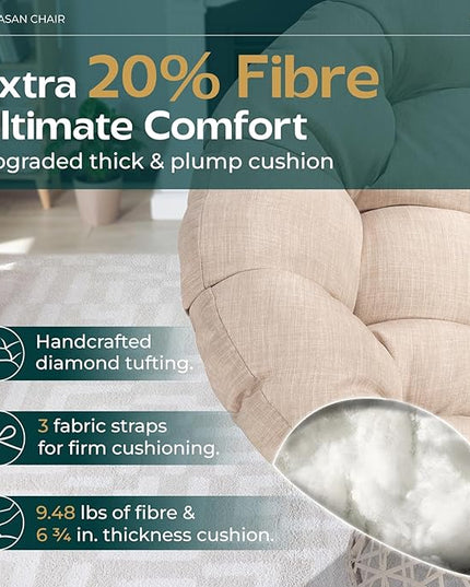 Bme 40" Ergonomic Wicker Papasan Chair with Soft Thick Density Fabric Cushion, High Capacity Steel Frame, 360 Degree Swivel for Living, Bedroom, Reading Room, Lounge - LeafyLoom