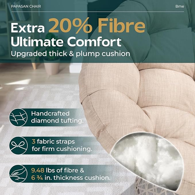 Bme 40" Ergonomic Wicker Papasan Chair with Soft Thick Density Fabric Cushion, High Capacity Steel Frame, 360 Degree Swivel for Living, Bedroom, Reading Room, Lounge - LeafyLoom