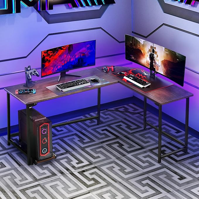 VECELO L Shaped Computer Corner Desk with CPU Stand/PC Laptop Study Writing Table for Home Office Workstation Wood & Metal, 66 in, Coffee + Black Leg - LeafyLoom