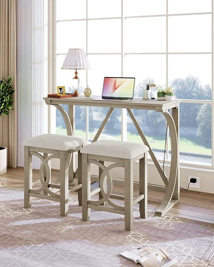 Farmhouse Style Counter Height 2 Upholstered Stools, Rustic Bar Built-in USB, Easy Assembly & Care, Room, Small Place, Apartment, Cream, 3 Piece Dining Table Set - LeafyLoom