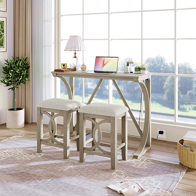 Farmhouse Style Counter Height 2 Upholstered Stools, Rustic Bar Built-in USB, Easy Assembly & Care, Room, Small Place, Apartment, Cream, 3 Piece Dining Table Set - LeafyLoom