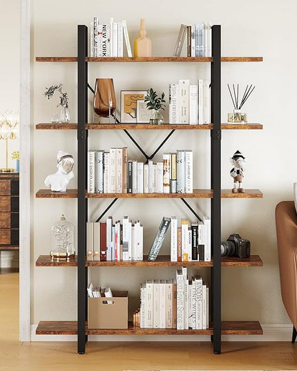 YITAHOME 5 Tier Bookshelf, 70.9" Tall Industrial Bookcase, Wide Open Display Storage Book Shelf for Living Room/Bedroom/Home/Office, Rustic Brown - LeafyLoom