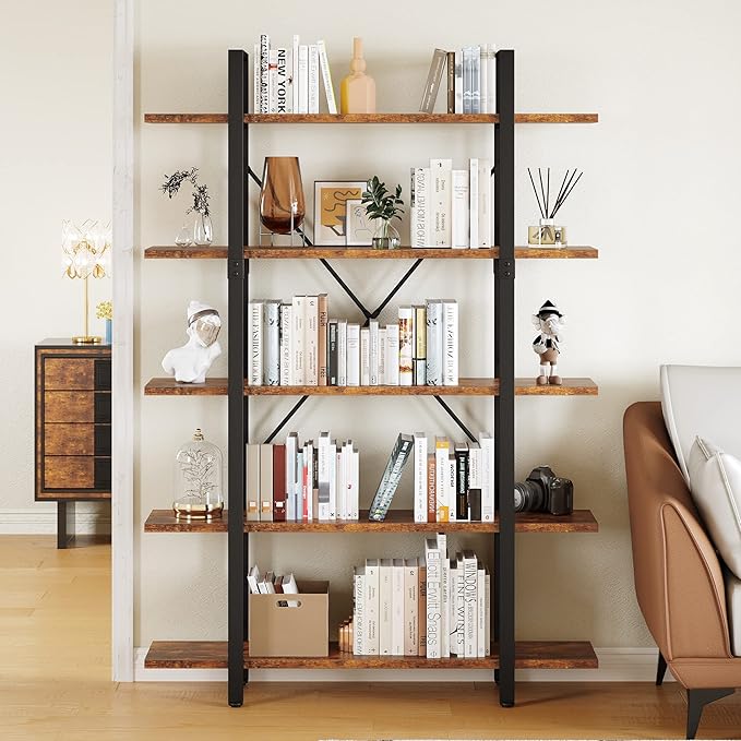 YITAHOME 5 Tier Bookshelf, 70.9" Tall Industrial Bookcase, Wide Open Display Storage Book Shelf for Living Room/Bedroom/Home/Office, Rustic Brown - LeafyLoom