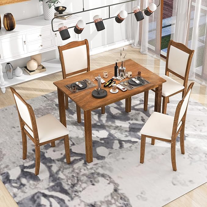 Simple Style Wood Rectangular 4 Upholstered Chairs, Easy Assembly, for Space, Apartment, Room, 5 Piece Dining Table Set, Walnut 34 - LeafyLoom