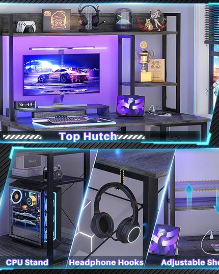 Cyclysio Gaming Desk with Hutch, 39'' Computer Desk with LED Lights & Power Outlets, Home Office Desk with Reversible 5 Tiers Storage Shelves & Monitor Stand, Small Gaming Table for Small Space, Grey - LeafyLoom