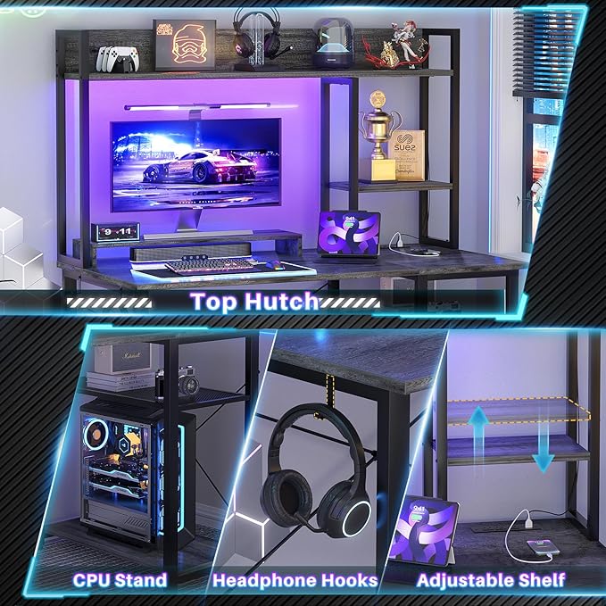 Cyclysio Gaming Desk with Hutch, 39'' Computer Desk with LED Lights & Power Outlets, Home Office Desk with Reversible 5 Tiers Storage Shelves & Monitor Stand, Small Gaming Table for Small Space, Grey - LeafyLoom