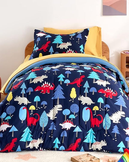 SLEEP ZONE Kids Bedding Comforter Set Full/Queen Size - Super Cute & Soft Kids Bedding 7 Pieces Set with Comforter, Sheet, Pillowcase & Sham (Dinosaur Land) - LeafyLoom
