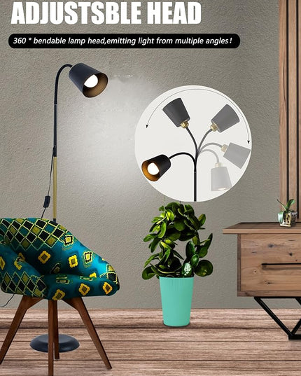 AoMck Floor Lamp, Industrial Metal Floor Standing Lamps Bendable Floor Lamp with Adjustable Gooseneck 2 in 1 Floor Reading Table Lamps for Living Room Bedroom Office(Black) - LeafyLoom