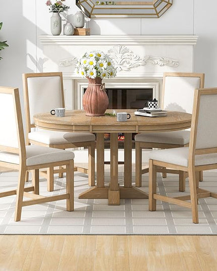 Extendable Round Upholstered, X-Shape Base, Modern Small Kitchen Chairs Room Home Furniture Breakfast Nook, Dining Table Set for 4-6, Natural - LeafyLoom