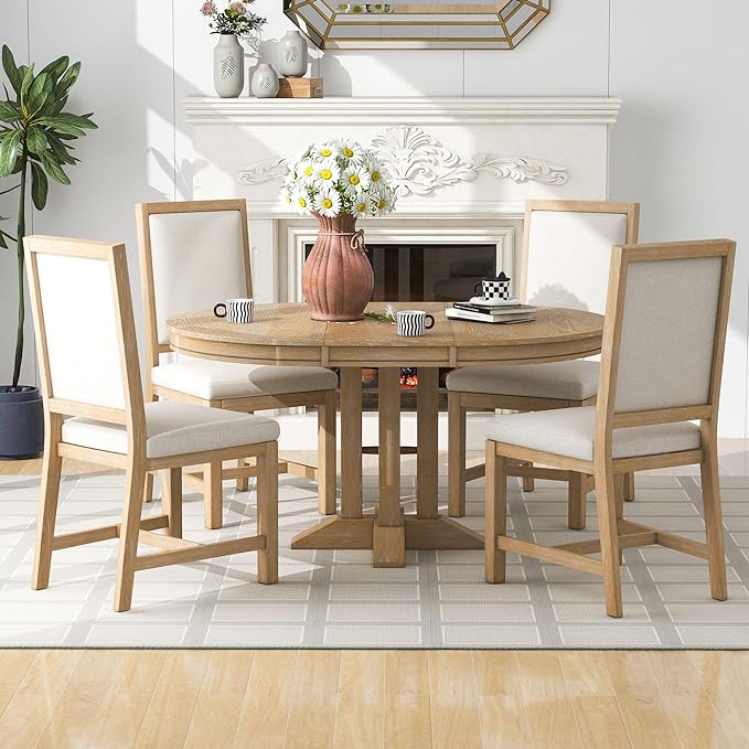 Extendable Round Upholstered, X-Shape Base, Modern Small Kitchen Chairs Room Home Furniture Breakfast Nook, Dining Table Set for 4-6, Natural - LeafyLoom