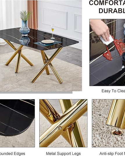 NicBex Large Modern Minimalist Rectangular Dining Table with 0.39 "Imitation Marble Black Desktop and Gold Metal Legs for Kitchen Dining Living Meeting Room Banquet Halls, Black - LeafyLoom