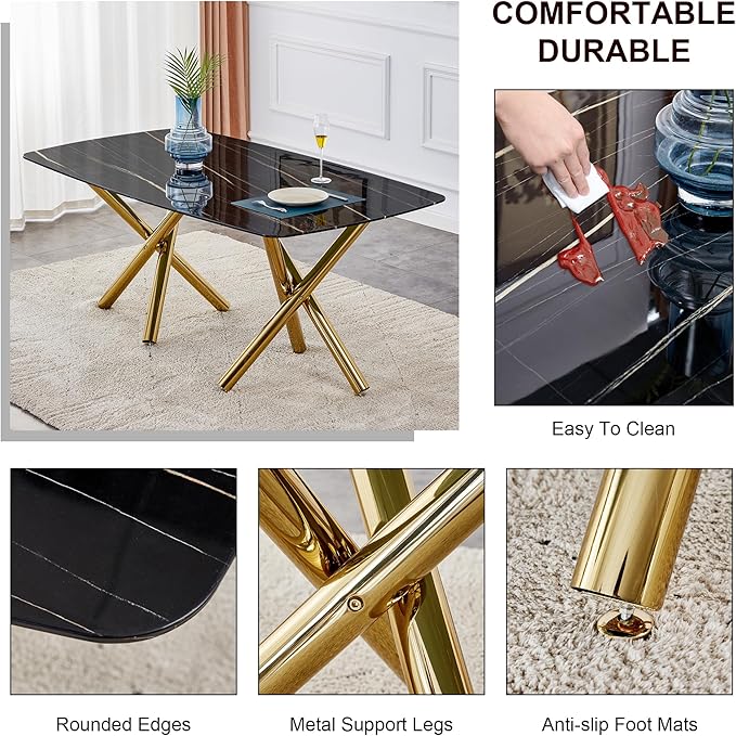 NicBex Large Modern Minimalist Rectangular Dining Table with 0.39 "Imitation Marble Black Desktop and Gold Metal Legs for Kitchen Dining Living Meeting Room Banquet Halls, Black - LeafyLoom