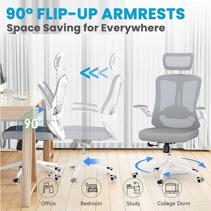 Ergonomic Office Chair - Comfy Desk Chairs with Wheels and Arms, 500LB Heavy Duty Mesh Computer Chairs with Comfortable Head Lumbar Back Support for Office, Study, College Dorm and Bedroom - LeafyLoom