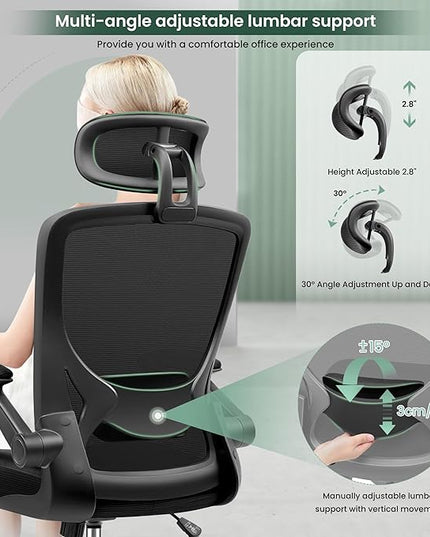 KERDOM Ergonomic Office Chair, Breathable Mesh Desk Chair with Headrest and Flip-up Arms for Office,Gaming,Computer Lumbar Support Swivel Task Chair, Adjustable Height,Black - LeafyLoom
