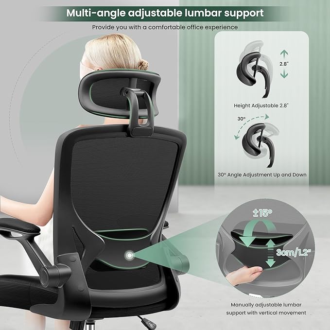 KERDOM Ergonomic Office Chair, Breathable Mesh Desk Chair with Headrest and Flip-up Arms for Office,Gaming,Computer Lumbar Support Swivel Task Chair, Adjustable Height,Black - LeafyLoom