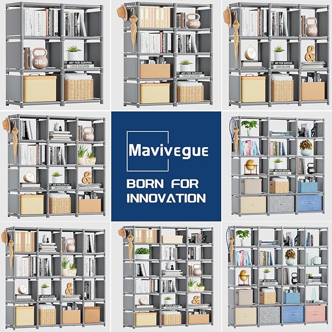 Mavivegue Book Shelf, 16 Cube Storage Organizer, DIY Bookcase, Metal Cube Bookshelf,Tall Book case for Bedroom, Living Room,Office,Closet Storage Organizer, Grey Cubicle Storage Rack - LeafyLoom