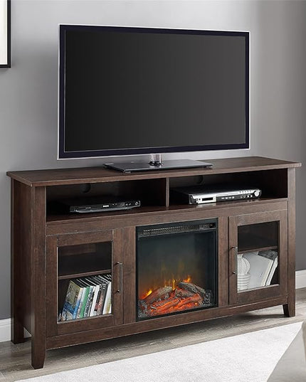 Walker Edison Glenwood Rustic Farmhouse Glass Door Highboy Fireplace TV Stand for TVs up to 65 Inches, 58 Inch, Brown - LeafyLoom