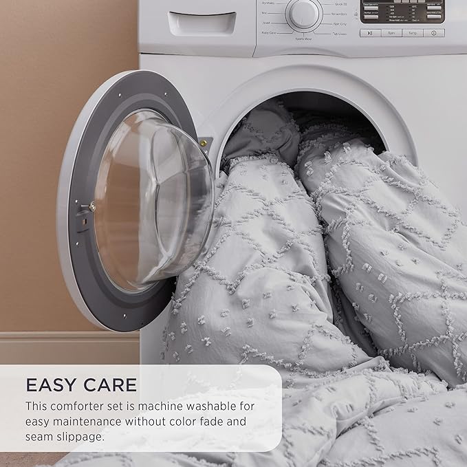 Bedsure Full Size Comforter Set - Light Grey Comforter, Boho Tufted Shabby Chic Bedding Comforter Set, 3 Pieces Farmhouse Bed Set for All Seasons, Fluffy Soft Bedding Set with 2 Pillow Shams - LeafyLoom