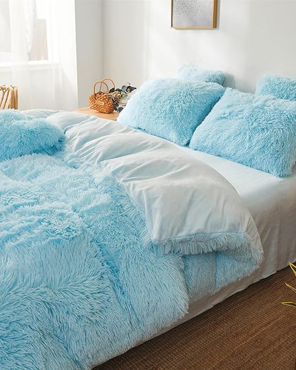 Fluffy Blue Comforter Cover Set Queen - Ultra Soft Plush Blue Bedding Sets 3 Pieces (1 Faux Fur Duvet Cover + 2 Faux Fur Pillow case) Blue Bed Set Queen (Blue, Queen) - LeafyLoom