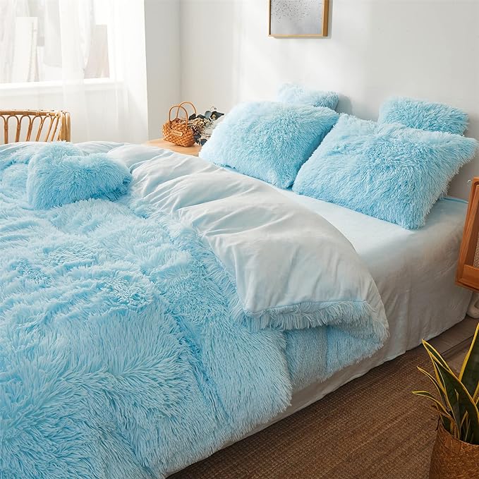 Fluffy Blue Comforter Cover Set Queen - Ultra Soft Plush Blue Bedding Sets 3 Pieces (1 Faux Fur Duvet Cover + 2 Faux Fur Pillow case) Blue Bed Set Queen (Blue, Queen) - LeafyLoom