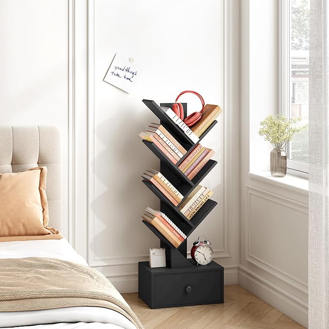 7 Tier Tree Bookshelf with Drawer, Tree Bookcase with Storage, Modern Floor Standing Bookshelves Organizer for Bedroom, Living Room, Home Office, Black - LeafyLoom
