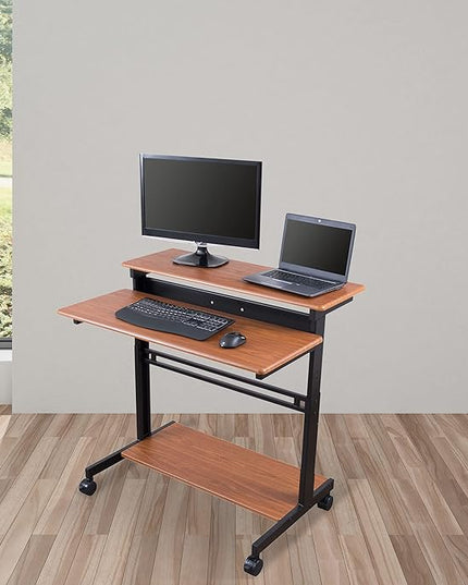 Stand Up Desk Store Rolling Adjustable Height Two Tier Standing Desk Computer Workstation (Black Frame/Teak Top, 40" Wide) - LeafyLoom