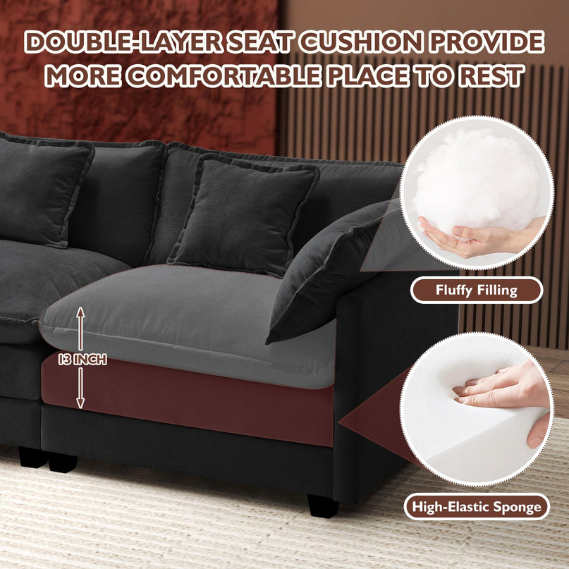Ihanherry 111.4" L Shaped Modern Sofa Modular Sectional Cloud Couch with Ottoman, 4-Seat Chenille Deep Seat Sofa with Pillow for Living Room, Bedroom and Apartment, Beige LeafyLoom