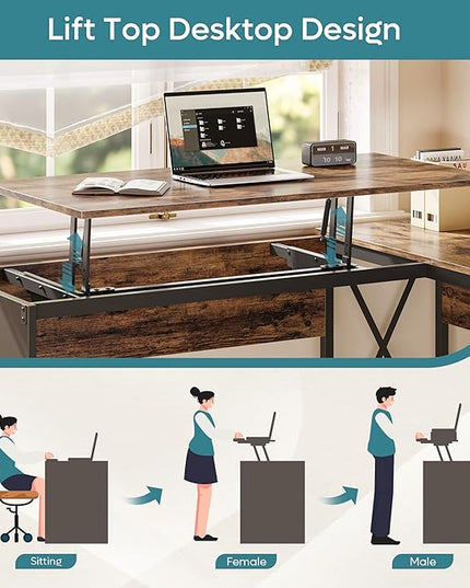 Bestier Lift Top L Shaped Desk with File Drawer, 55'' x 55'' Office Desk with Reversible Storage Drawers, L Shaped Standing Desk with Computer Monitor Stand - LeafyLoom