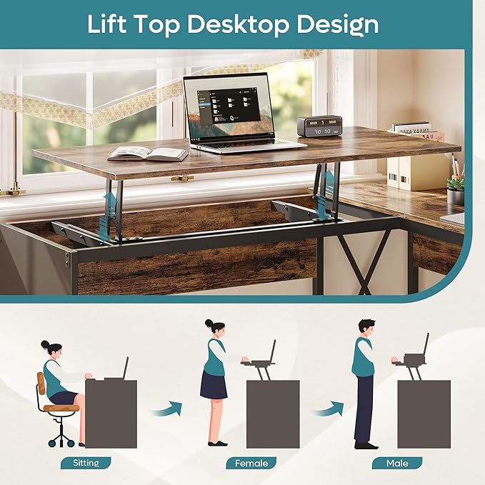 Bestier Lift Top L Shaped Desk with File Drawer, 55'' x 55'' Office Desk with Reversible Storage Drawers, L Shaped Standing Desk with Computer Monitor Stand - LeafyLoom