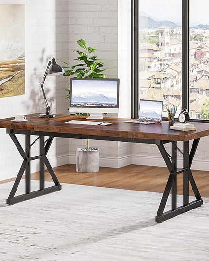Tribesigns 70.8-Inch Executive Desk, Large Computer Office Desk Workstation, Modern Simple Style Laptop Desk Study Writing Table Business Furniture for Home Office (Brown/Black, 70.8 Inch) - LeafyLoom