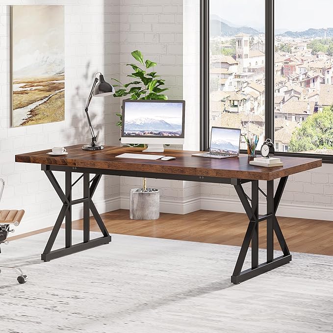 Tribesigns 70.8-Inch Executive Desk, Large Computer Office Desk Workstation, Modern Simple Style Laptop Desk Study Writing Table Business Furniture for Home Office (Brown/Black, 70.8 Inch) - LeafyLoom